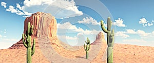 Monument Valley view with cactus. 3d illustration