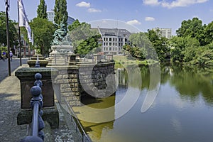 The monument of Vater Rhein und seine TÃÂ¶chter and the lake Kaiserteich in StÃÂ¤ndehauspark, Dusseldorf, Germany. photo