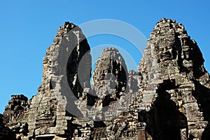 Monumental ancient temple of Bayon in Cambodia. Medieval temple in Indochina. Architectural art of ancient civilizations. Bayon