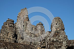 Monumental ancient temple of Bayon in Cambodia. Medieval temple in Indochina. Architectural art of ancient civilizations. Bayon