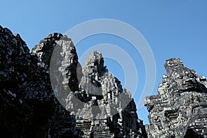 Monumental ancient temple of Bayon in Cambodia. Medieval temple in Indochina. Architectural art of ancient civilizations. Bayon