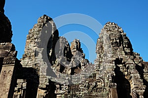 Monumental ancient temple of Bayon in Cambodia. Medieval temple in Indochina. Architectural art of ancient civilizations. Bayon