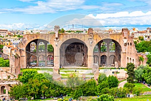 Monumental arches of Basilica of Maxentius, Italian: Basilica di Massenzio, ruins in Roman Forum, Rome, Italy