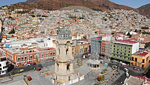 Monumental Clock Tower on Central Square. Aerial View of Pachuca, Hidalgo state, Mexico