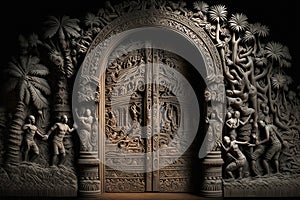 a monumental door, with intricate carvings and detailed engravings, leading to a paradise beyond