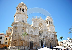 The monumental facade of the Cathedral of Cadiz, Andalusia, Spain