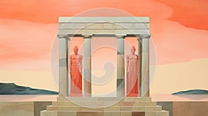 Monumental Figures: A Low Poly Oil Painting Of Greek Architecture