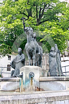Monumental fountain in front of the cathedral Afra, Bishop Simpert and Bishop Ulrich, Augsburg, Schwaben, Bavaria, Germany, Euro
