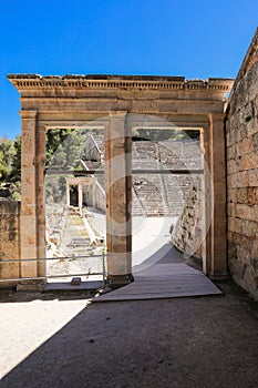 Monumental gate entrance of Ancient Theatre Epidaurus in Peloponnese, Greece, Europe.