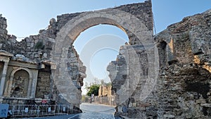 Monumental gate and Vespasian monument in Side, Turkey