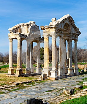Monumental gateway or tetrapylon in ancient city of Aphrodisias, Turkey