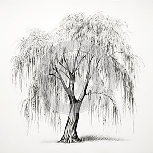 Monumental Ink Painting Of A Delicately Detailed Weeping Willow Tree