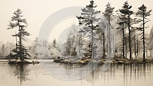 Monumental Ink Painting Of Tranquil Pine Trees By The Water