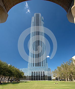 Monumental office tower in park