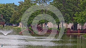 Monumental `Pteris Multifaba` sculpture in Leonhardt Lagoon in Fair Park, Dallas.