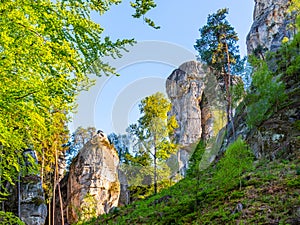 Monumental sandstone rock formation in the miidle of spring forest of Bohemian Paradise, Czech: Cesky raj, Czech