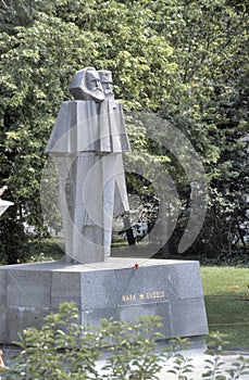 The monumental sculpture composition on JÃ¡szai Mari Square of Marx and Engels