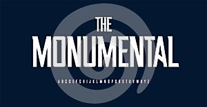 Monumental sport font, high alphabet, condensed bold letters for unique sportswear title and slim slender headline