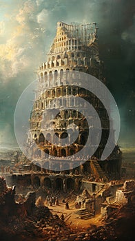 A monumental Tower of Babel pierces the sky, symbolizing human ambition, cultural diversity, unity and discord, human