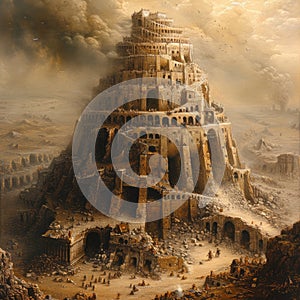 A monumental Tower of Babel pierces the sky, symbolizing human ambition, cultural diversity, unity and discord, human