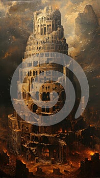 A monumental Tower of Babel pierces the sky, symbolizing human ambition, cultural diversity, unity and discord, human