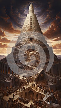 A monumental Tower of Babel pierces the sky, symbolizing human ambition, cultural diversity, unity and discord, human