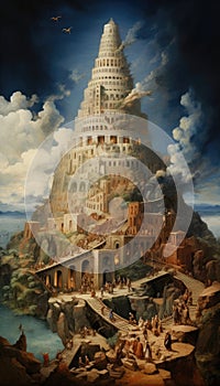 A monumental Tower of Babel pierces the sky, symbolizing human ambition, cultural diversity, unity and discord, human