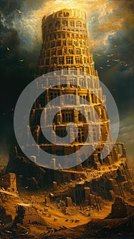 A monumental Tower of Babel pierces the sky, symbolizing human ambition, cultural diversity, unity and discord, human