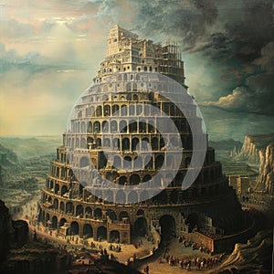 A monumental Tower of Babel pierces the sky, symbolizing human ambition, cultural diversity, unity and discord, human