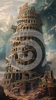 A monumental Tower of Babel pierces the sky, symbolizing human ambition, cultural diversity, unity and discord, human