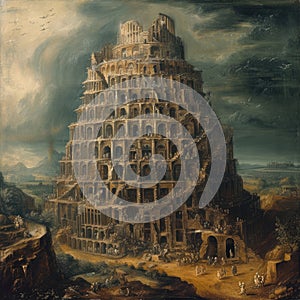 A monumental Tower of Babel pierces the sky, symbolizing human ambition, cultural diversity, unity and discord, human