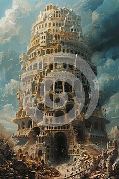 A monumental Tower of Babel pierces the sky, symbolizing human ambition, cultural diversity, unity and discord, human