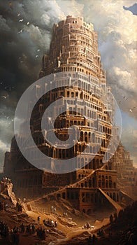 A monumental Tower of Babel pierces the sky, symbolizing human ambition, cultural diversity, unity and discord, human