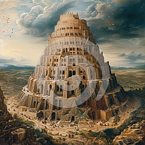 A monumental Tower of Babel pierces the sky, symbolizing human ambition, cultural diversity, unity and discord, human