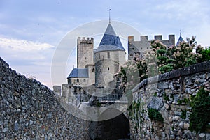 Monumental towers and walls in the old town of Carcassonne, France