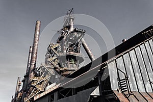 Monumental view, smokestacks and blast furnaces of steel mill industrial site