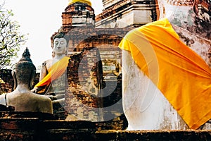 Monuments of Ancient Buddha statues at Wat Yai Chai Mongkol in A