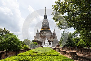 Monuments of buddha, Ancient temple Ayudhaya Wat Yai Chai Mongkol thailand. white buddha statue