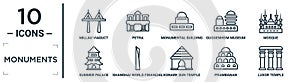 monuments linear icon set. includes thin line millau viaduct, monumental building, mosque, shanghai world financial center,