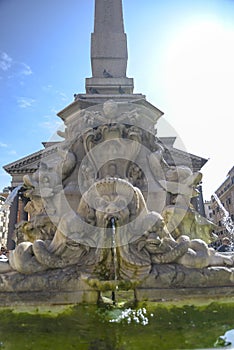 Monuments in Rome, Italy. Pantheon fountain in front of the famous Roman temple