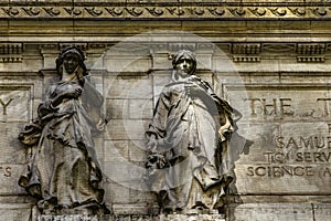 Monuments and statues of Manhattan, which adorn the facade of the New York Public Library in the Big Apple.