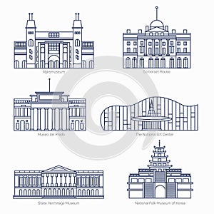 Monuments thin line vector icons. Amsterdam state museum, Somerset House, The National Art Center, State Hermitage