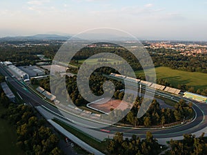 Monza circuit aerial view shot from drone on sunset