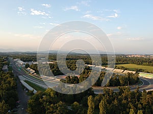 Monza circuit aerial view at sunset, shot with drone