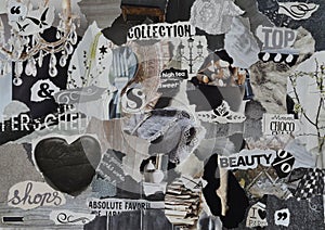 Mood board ,collage atmosphere sheet with elegance elements with white, black and gray, and blue with heart , butterflies, ballet