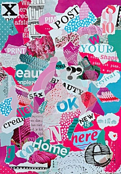 Mood board made of magazines in pink and blue green for female