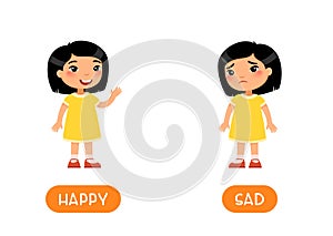 Mood concept, HAPPY and SAD. Childish word card with opposites vector template. Flash card for foreign language with little child