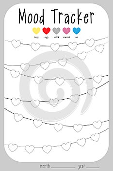 Mood diary for a month. mood tracker calendar. keeping track of emotional heart state