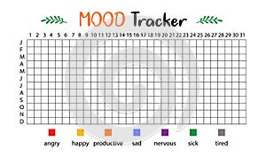 Mood tracker calendar. Year in pixels, Mood Planner, Feelings Tracker. Vector