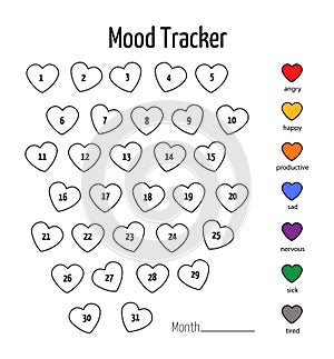Mood tracker calendar. Year in pixels, Mood Planner, Feelings Tracker. Vector illustrations photo